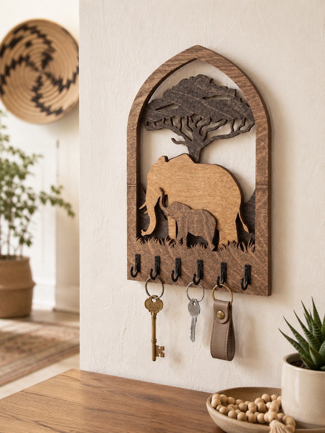 Elephant Family Wooden Key Holder