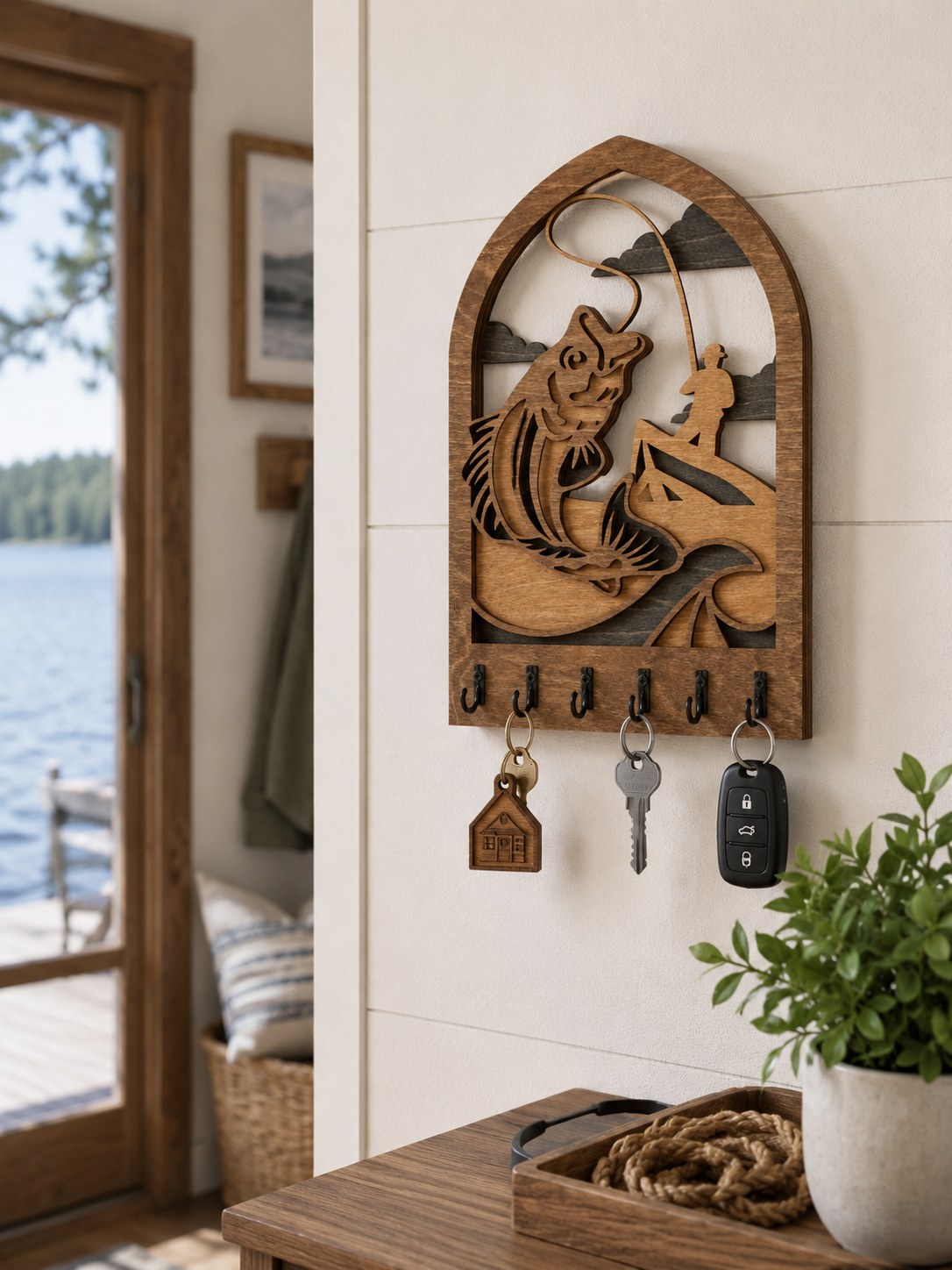 Fly Fishing Wooden Key Holder
