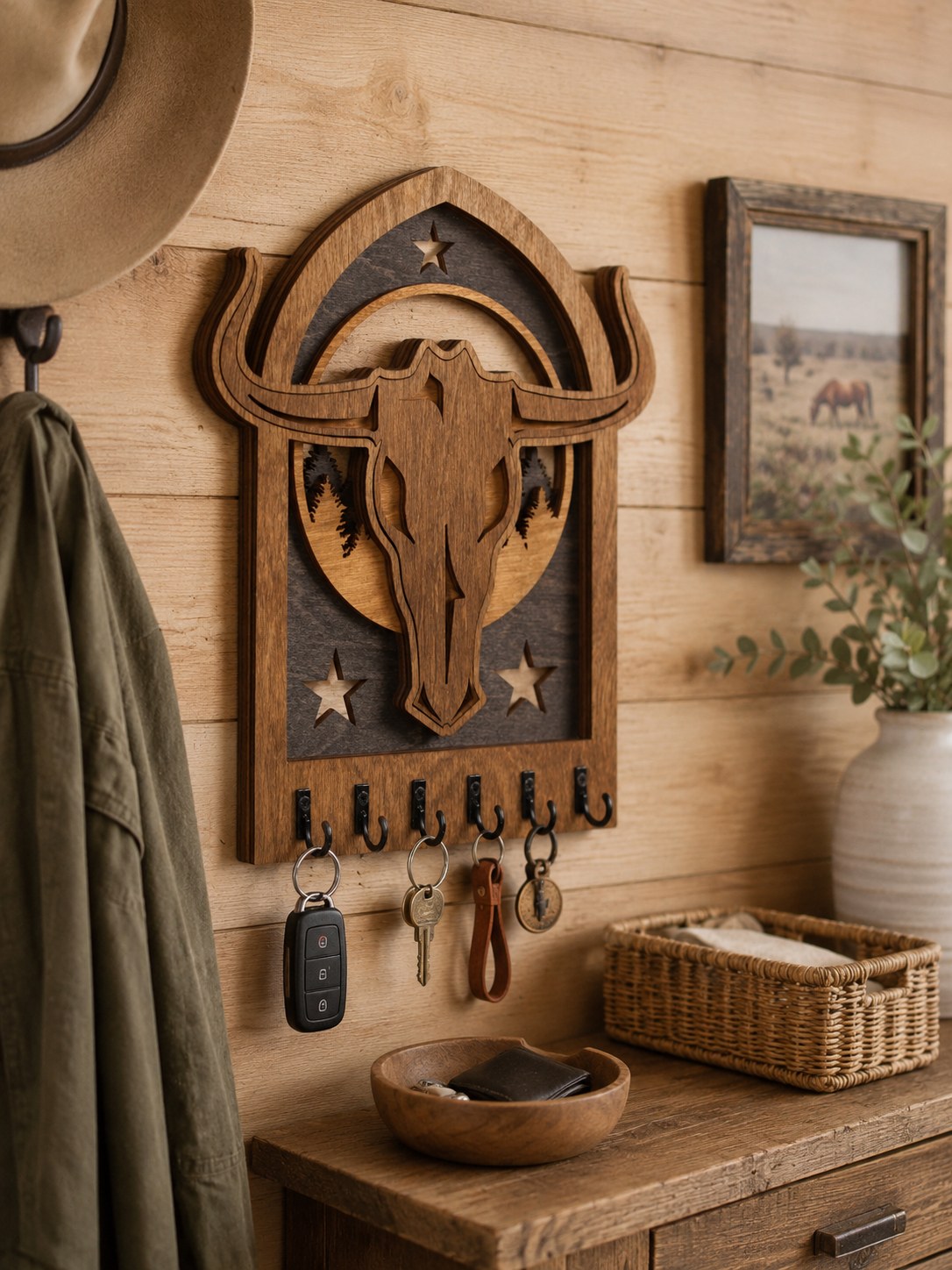 Texas Longhorn Wooden Key Holder