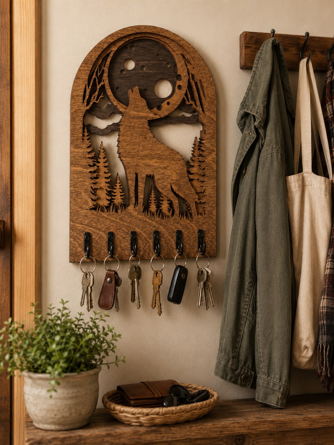 Howling Wolf Wooden Key Holder