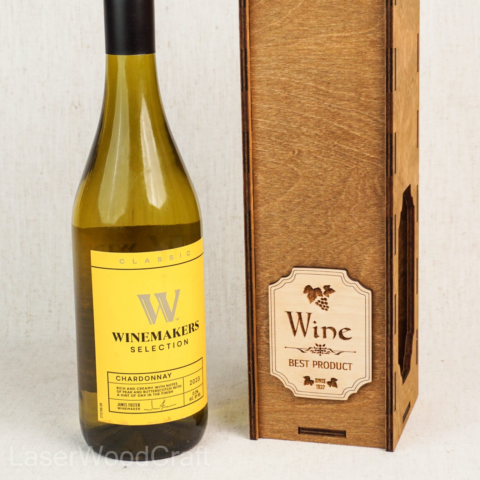 Custom wooden wine box made from birch plywood, open design with a wine bottle, crafted in Spokane, Washington