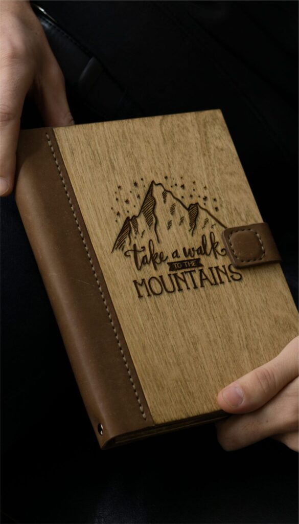 engraved wooden notebook with leather spine — personalized gift by LaserWoodCraft